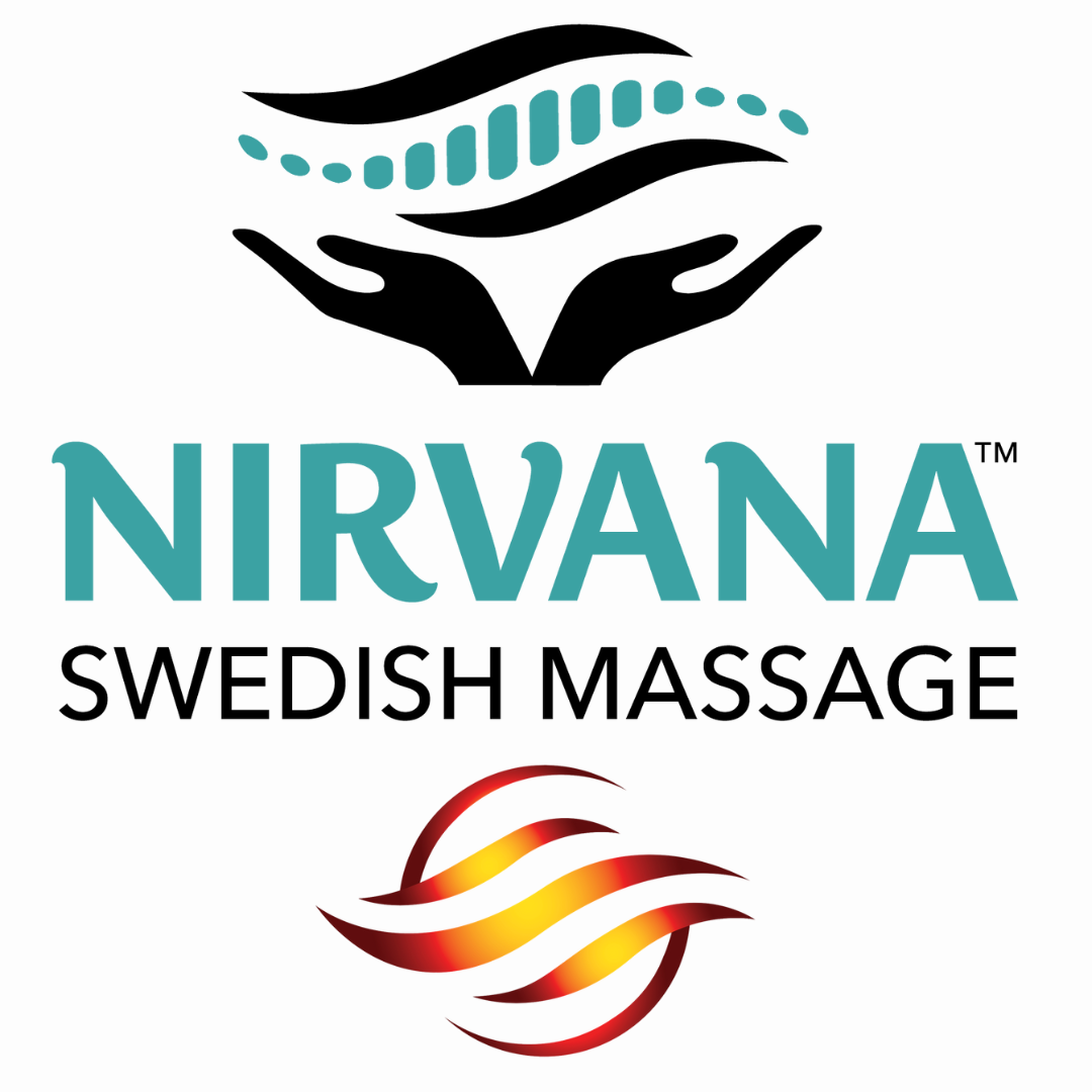 Logo for Nirvana Swedish Air Massage: Stylized hands hold a swirl pattern above the teal and black text NIRVANA SWEDISH AIR MASSAGE. A swirling red and yellow design adds vibrancy beneath.